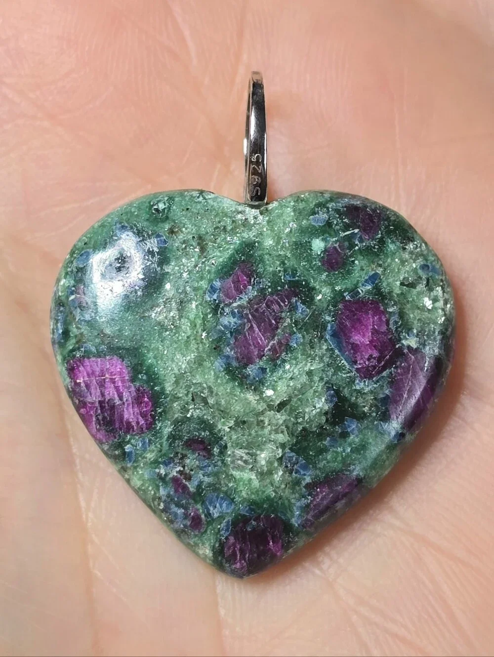 65ct. Ruby in Fuchsite Heart Shaped Gemstone Pendant 925 Sterling Silver Bail